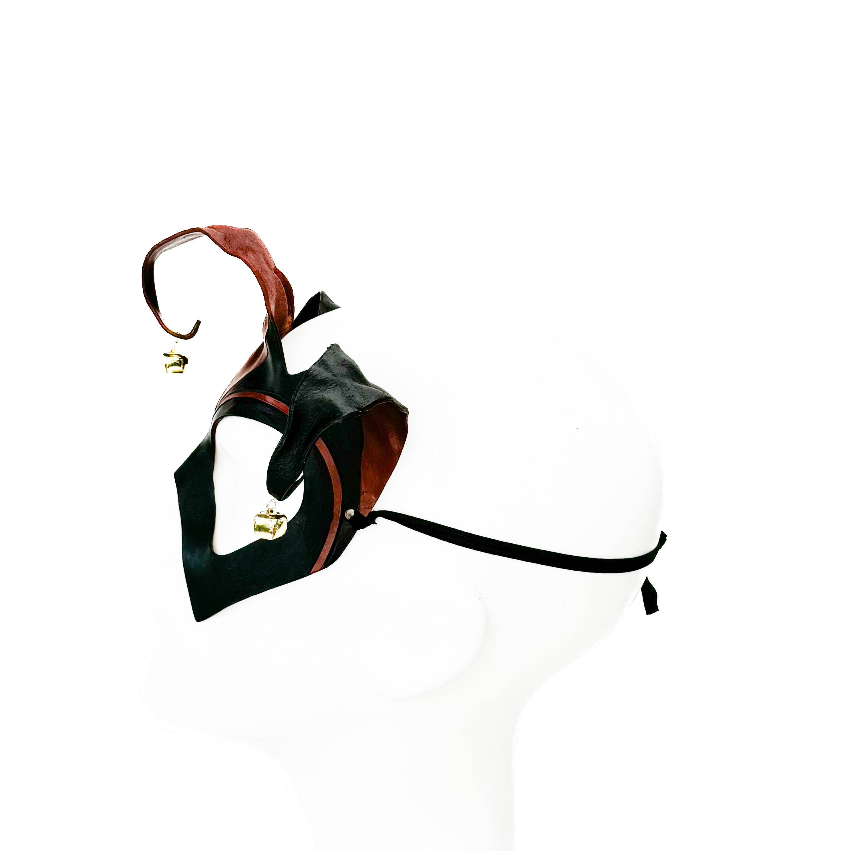 Handmade Genuine Leather Jester Mask in Red and Black with Brass Bells - 