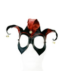 Handmade Genuine Leather Jester Mask in Red and Black with Brass Bells - 