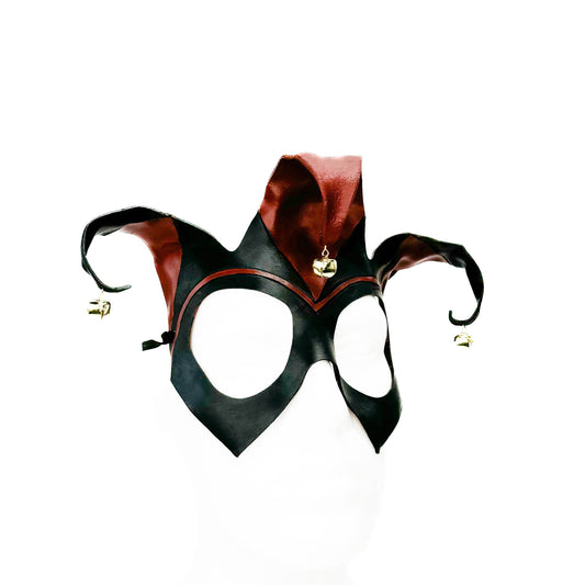 Handmade Genuine Leather Jester Mask in Red and Black with Brass Bells - 
