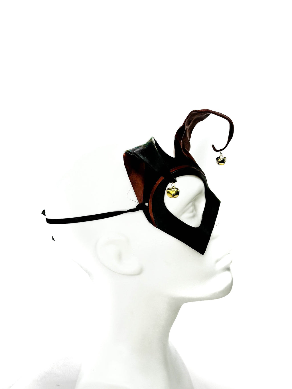 Handmade Genuine Leather Jester Mask in Red and Black with Brass Bells - 