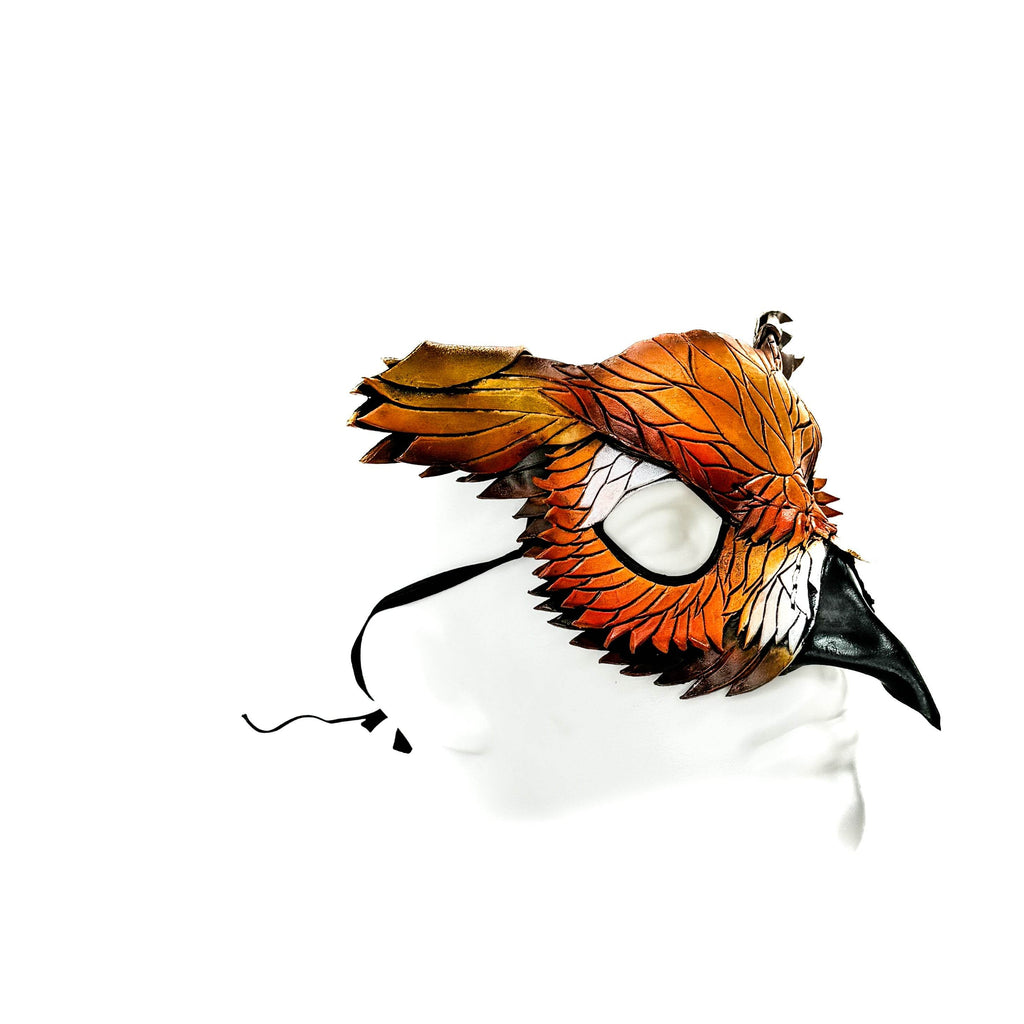 Layered Horned Owl Handmade Genuine Leather Mask In Sienna Shades - 