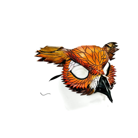 Layered Horned Owl Handmade Genuine Leather Mask In Sienna Shades - 
