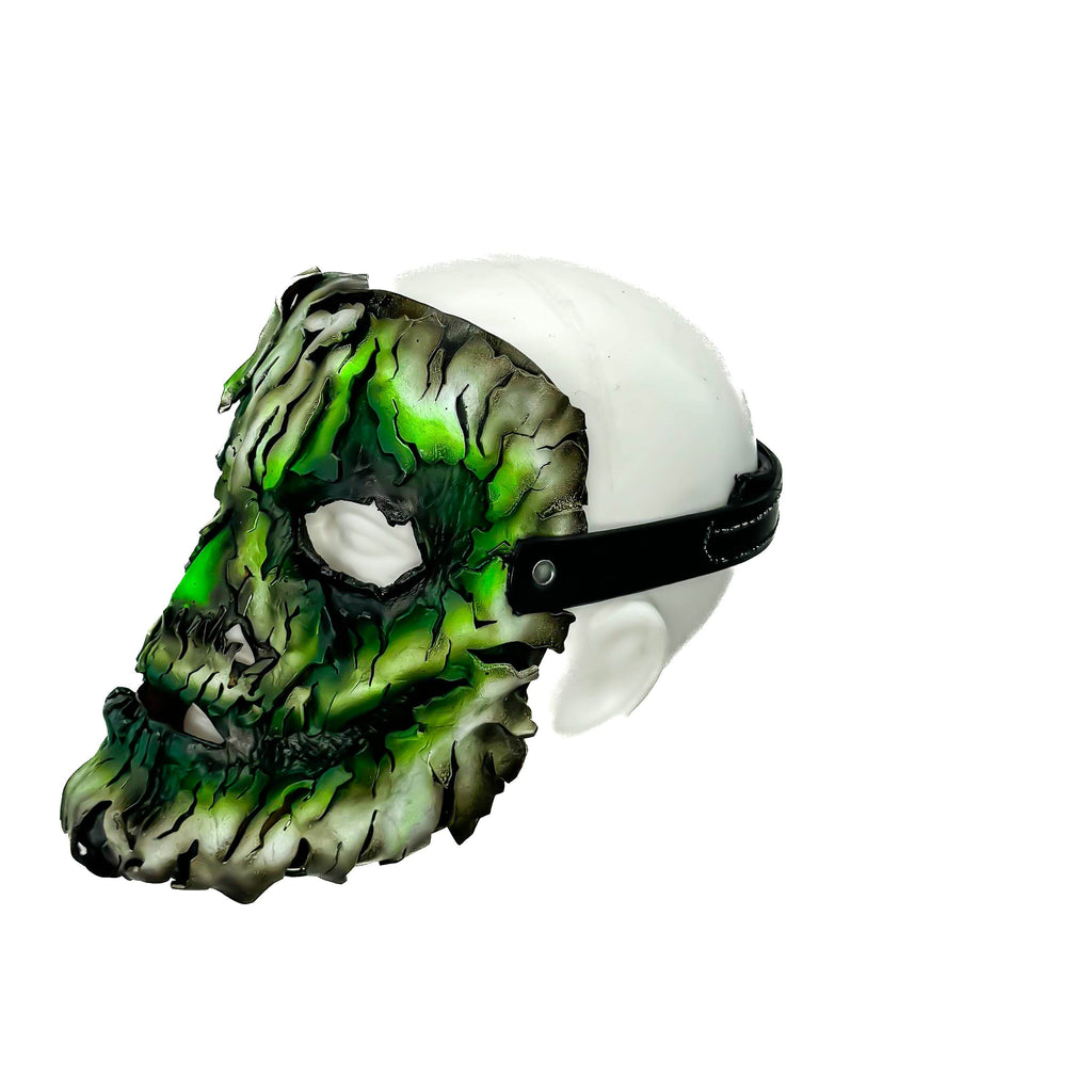 Genuine Leather Mask - Green Shattered Clown - Handmade Full Face Cover for Halloween, Performance or Cosplay Costume - Leather Ties