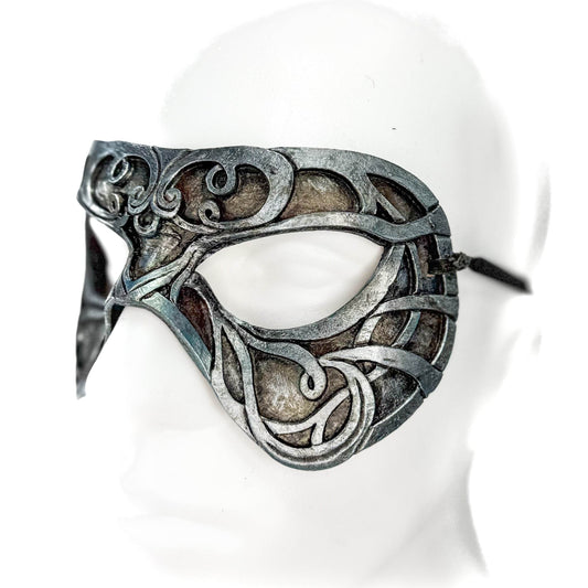 Dual Layer Ornate Masquerade Handmade Genuine Leather Eye Mask in Antiqued Silver - 