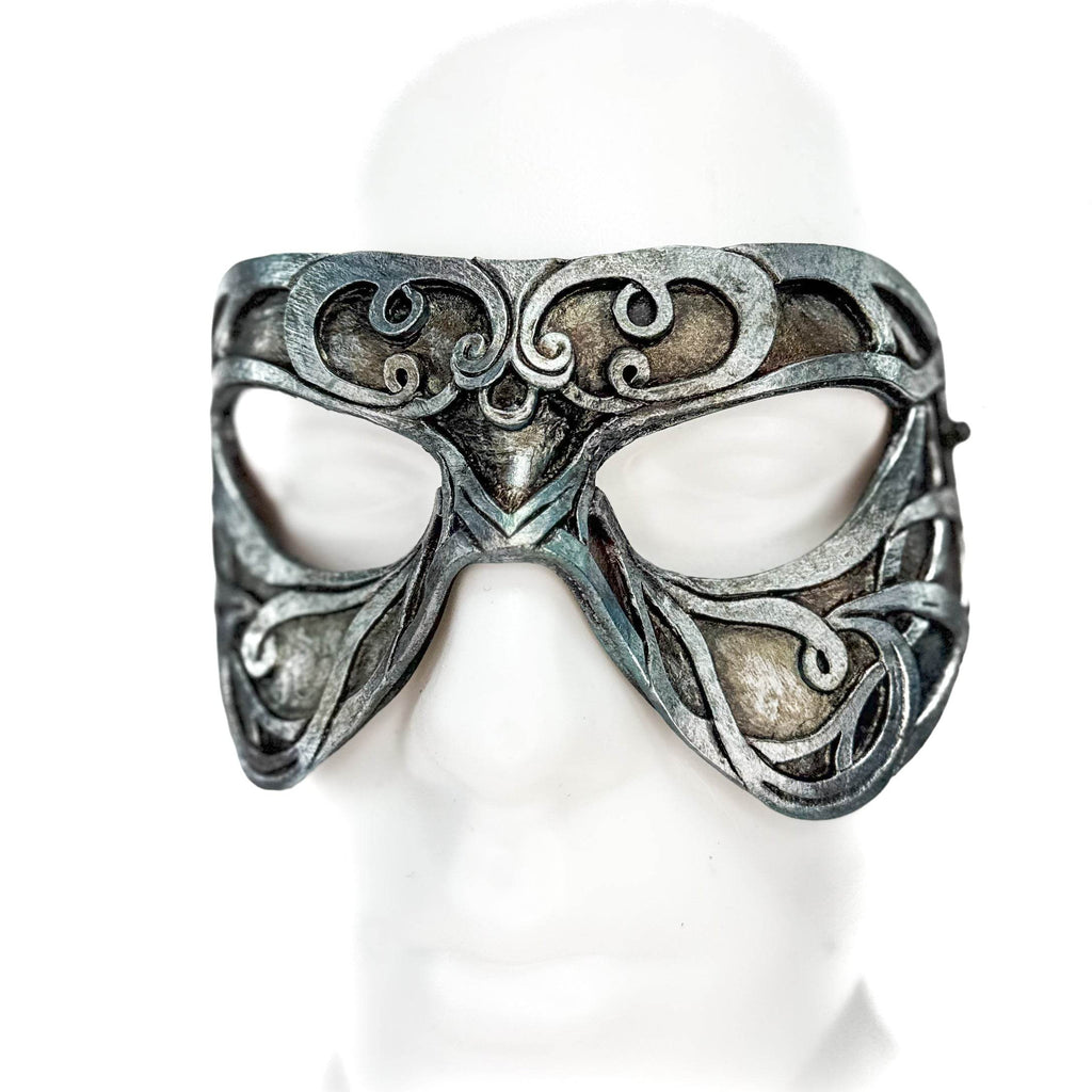 Dual Layer Ornate Masquerade Handmade Genuine Leather Eye Mask in Antiqued Silver - 