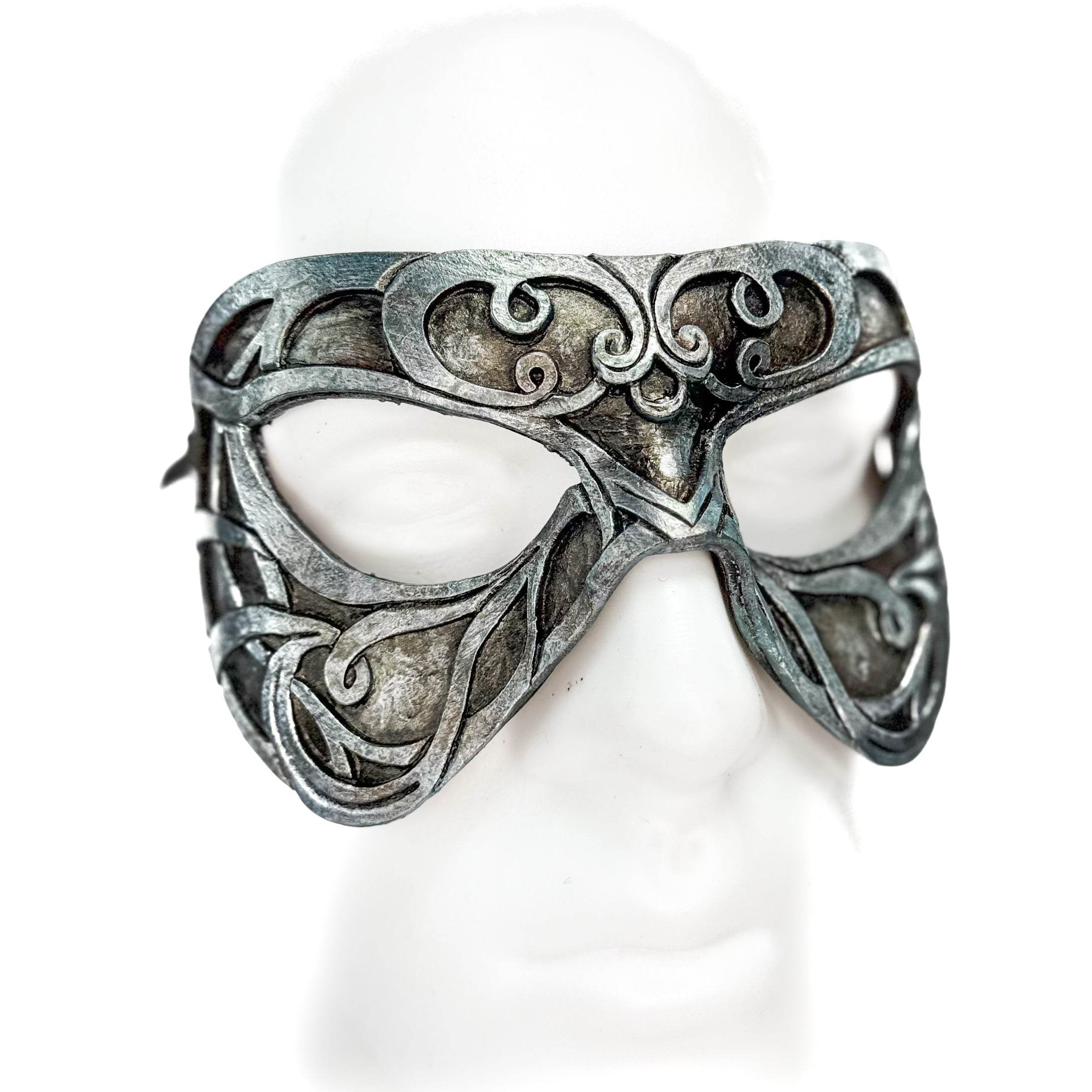 Dual Layer Ornate Masquerade Handmade Genuine Leather Eye Mask in Antiqued Silver - 