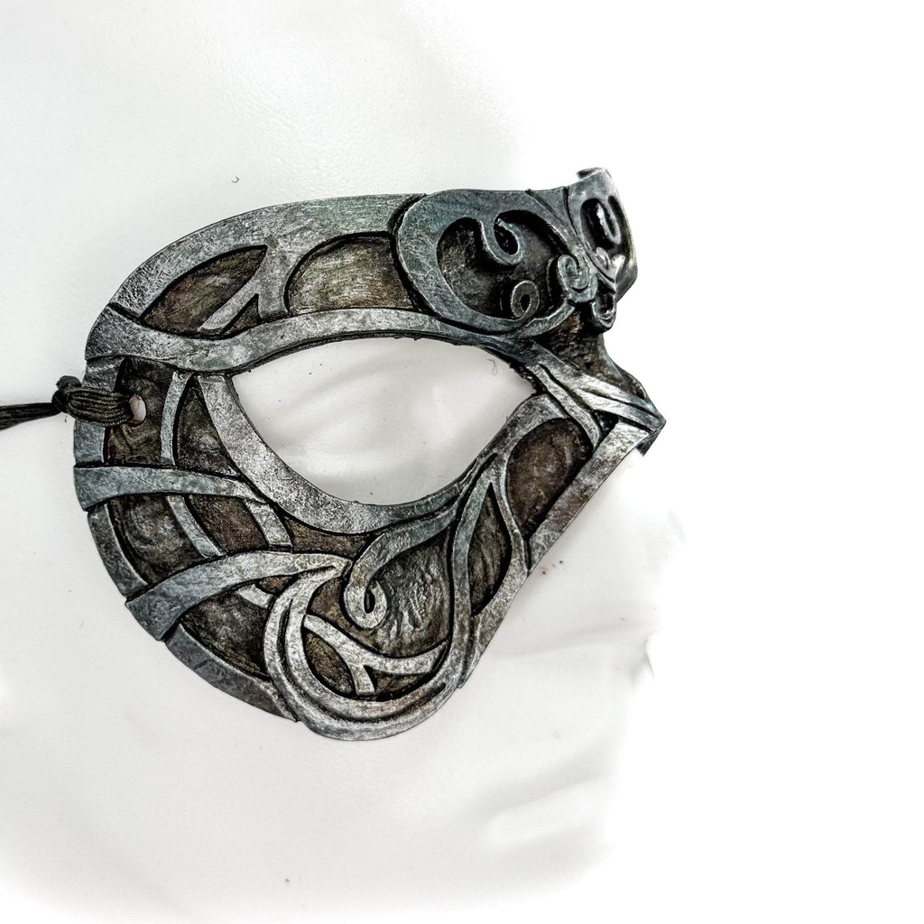 Dual Layer Ornate Masquerade Handmade Genuine Leather Eye Mask in Antiqued Silver - 