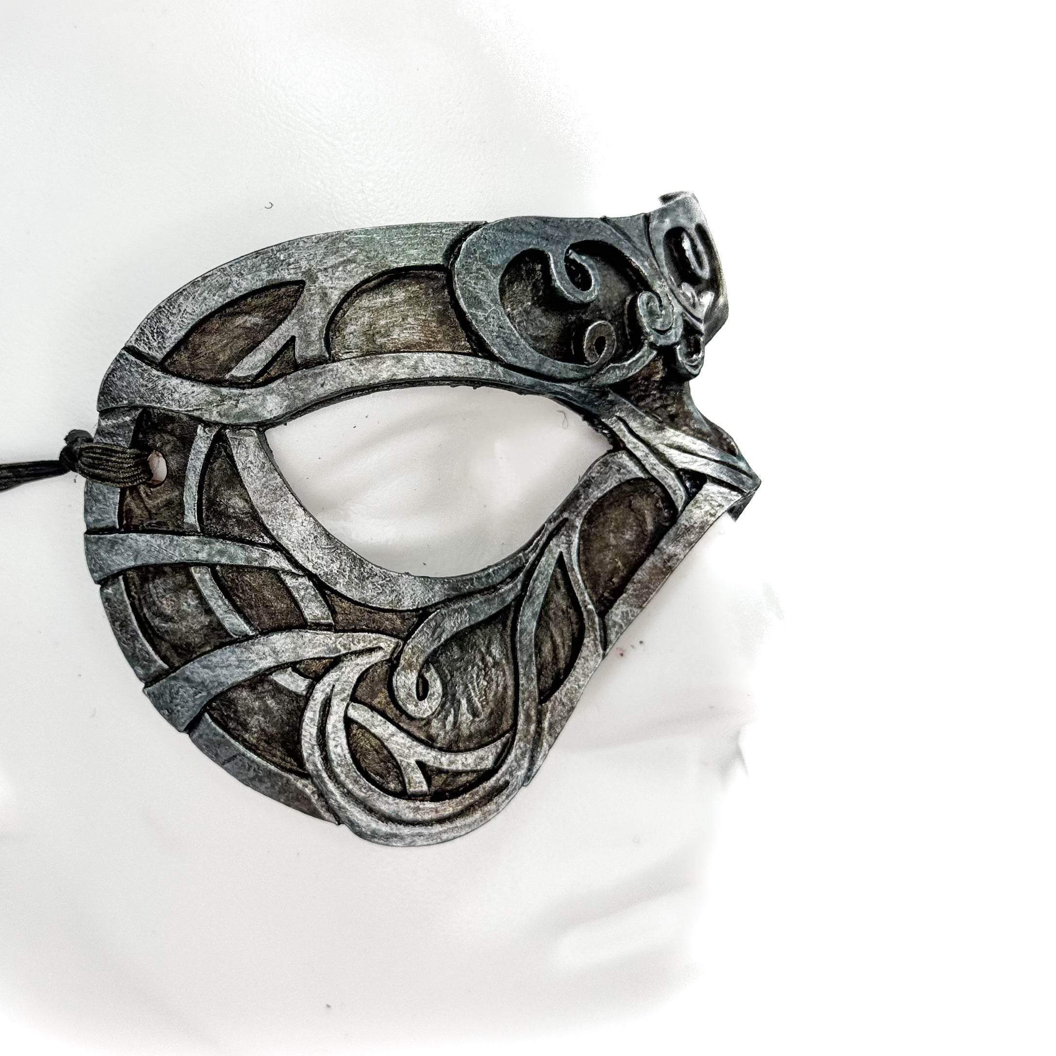 Dual Layer Ornate Masquerade Handmade Genuine Leather Eye Mask in Antiqued Silver - 