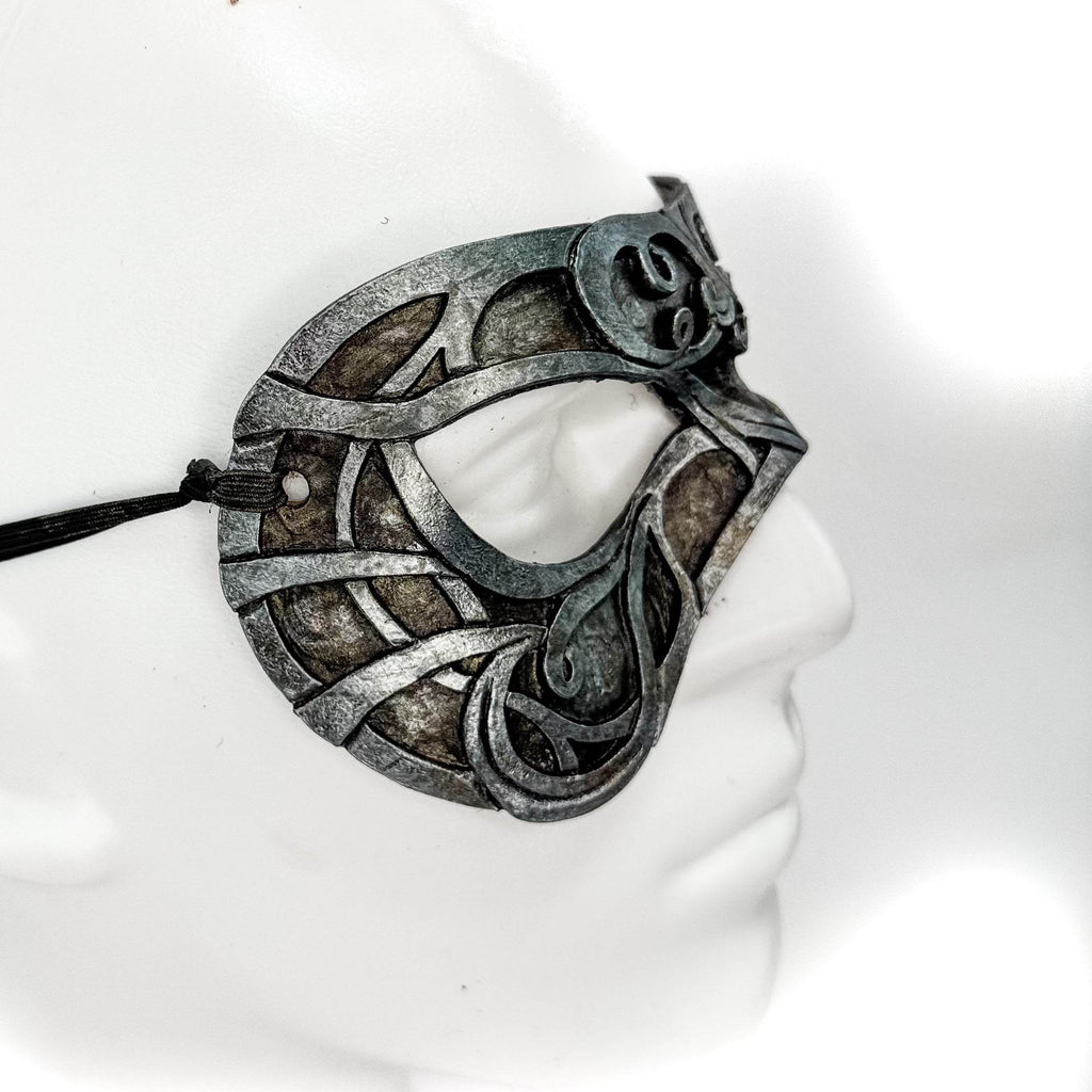 Dual Layer Ornate Masquerade Handmade Genuine Leather Eye Mask in Antiqued Silver - 