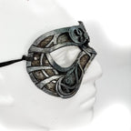 Dual Layer Ornate Masquerade Handmade Genuine Leather Eye Mask in Antiqued Silver - 