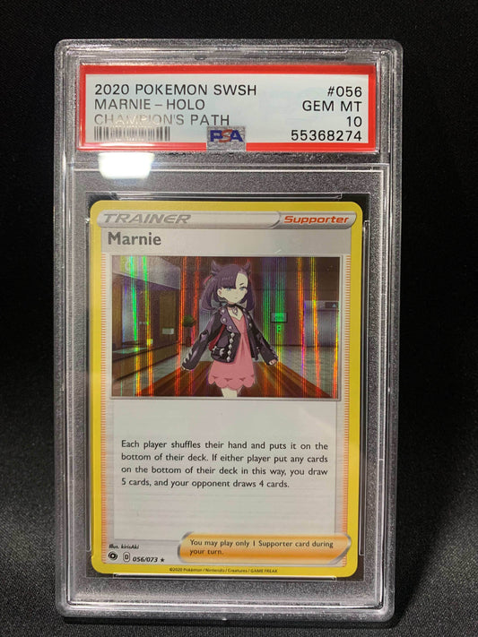 2020 POKEMON SWORD & SHIELD CHAMPION'S PATH MARNIE-HOLO #56 - PSA GEM MT 10 - 