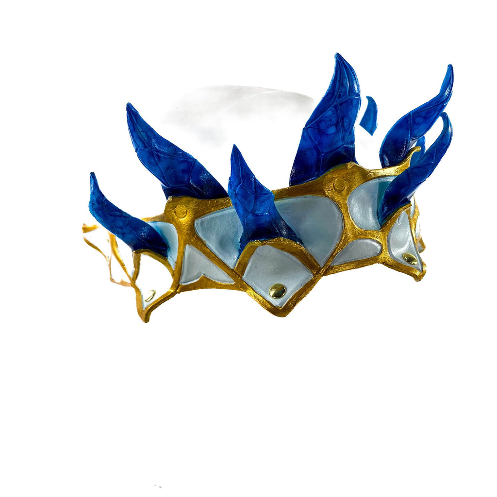Masquerade Crown of Handmade Genuine Leather in blue gold and white - 
