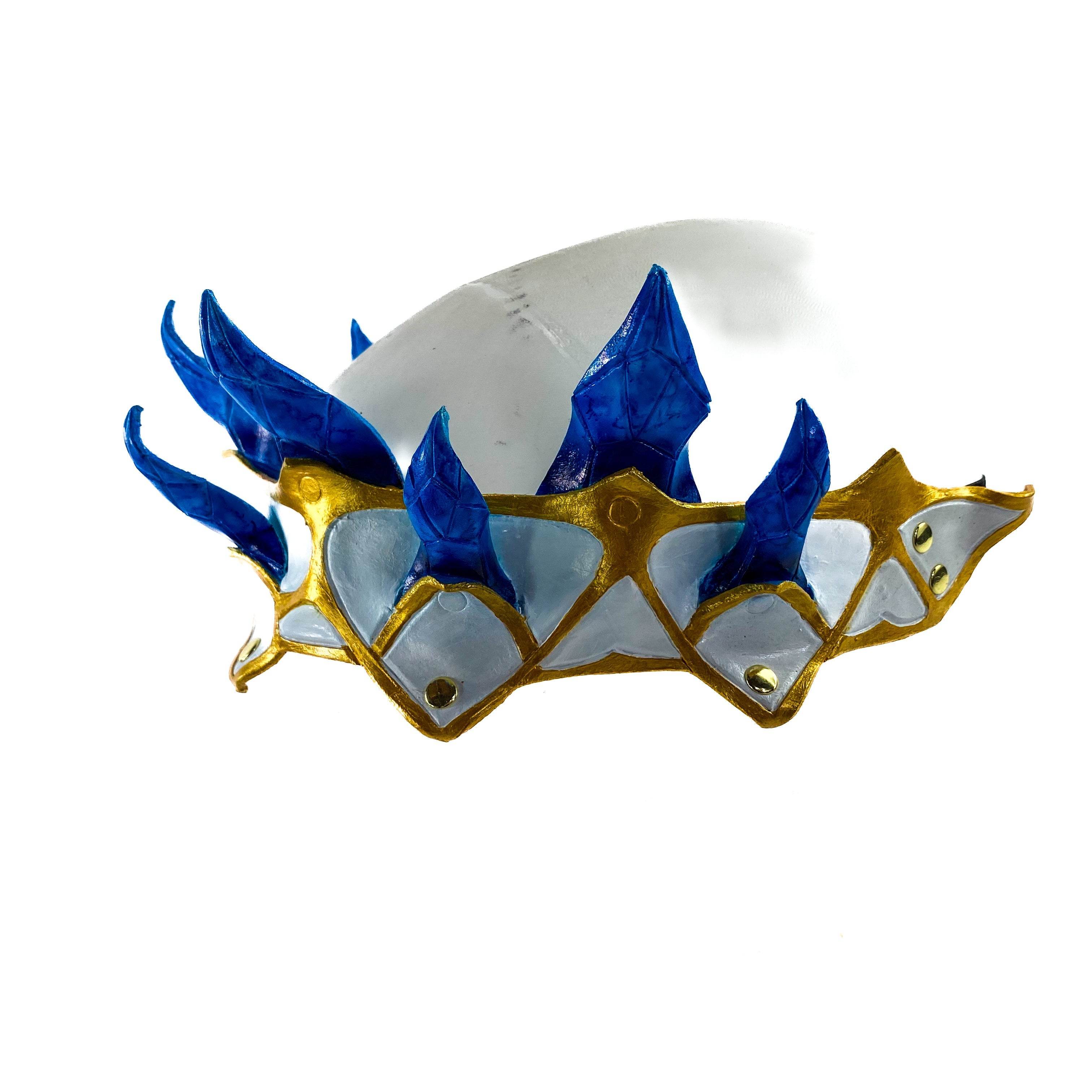 Masquerade Crown of Handmade Genuine Leather in blue gold and white - 