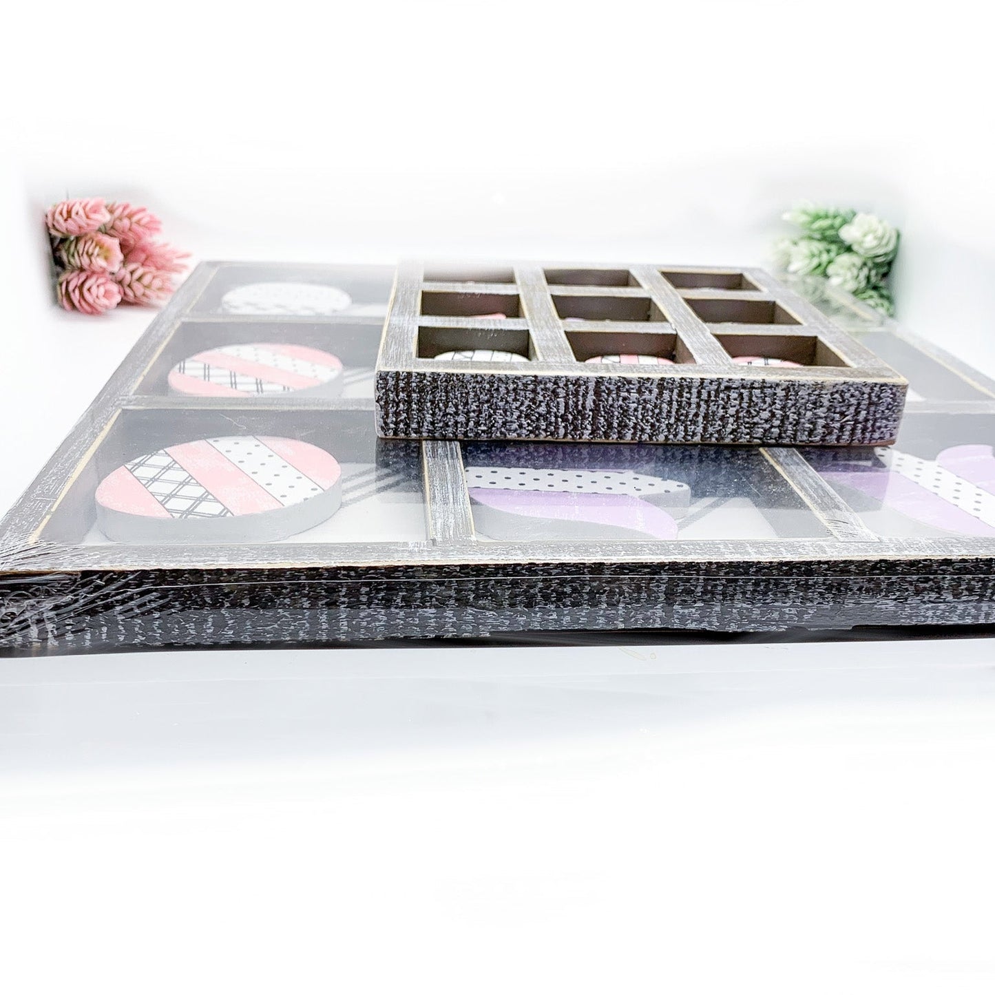 Easter Spring Tic Tac Toe Wooden Game Decor Set Tulip & Egg Pieces - 2 Sizes