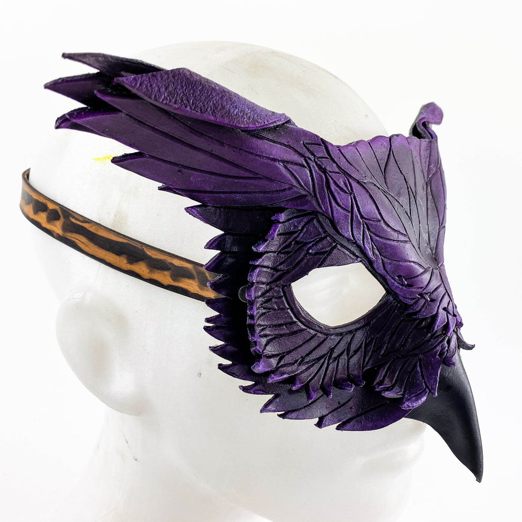 Layered Horned Owl Handmade Genuine Leather Mask in Purple - 