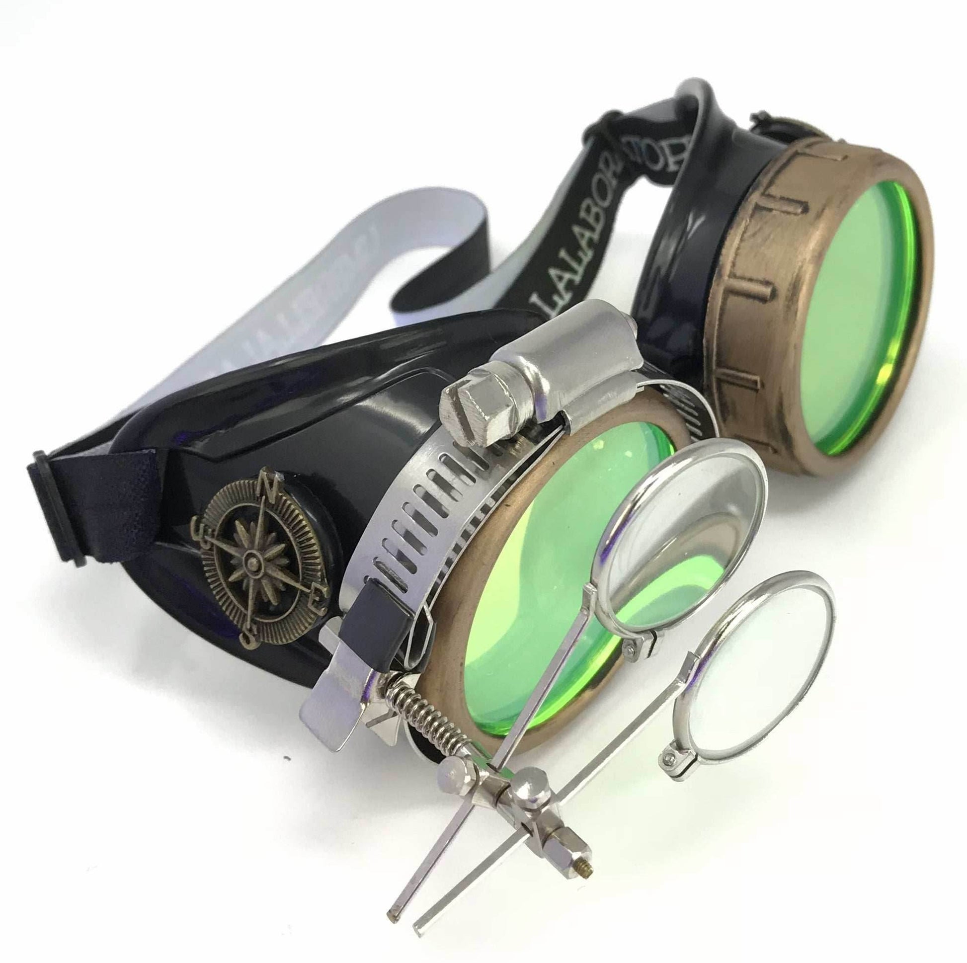 Steampunk Goggles with magnifying loupes UV glow neon green prism diffraction lenses - 