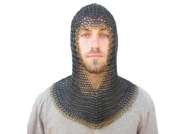 Medieval V Brass Face Mild Steel Chainmail Coif Armor-0