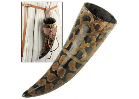 Scales Medieval Drinking Horn with Brown Leather Holder-0