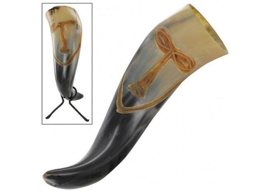 Vroulike Tribal Face Drinking Horn with Hand Forged Rack-0