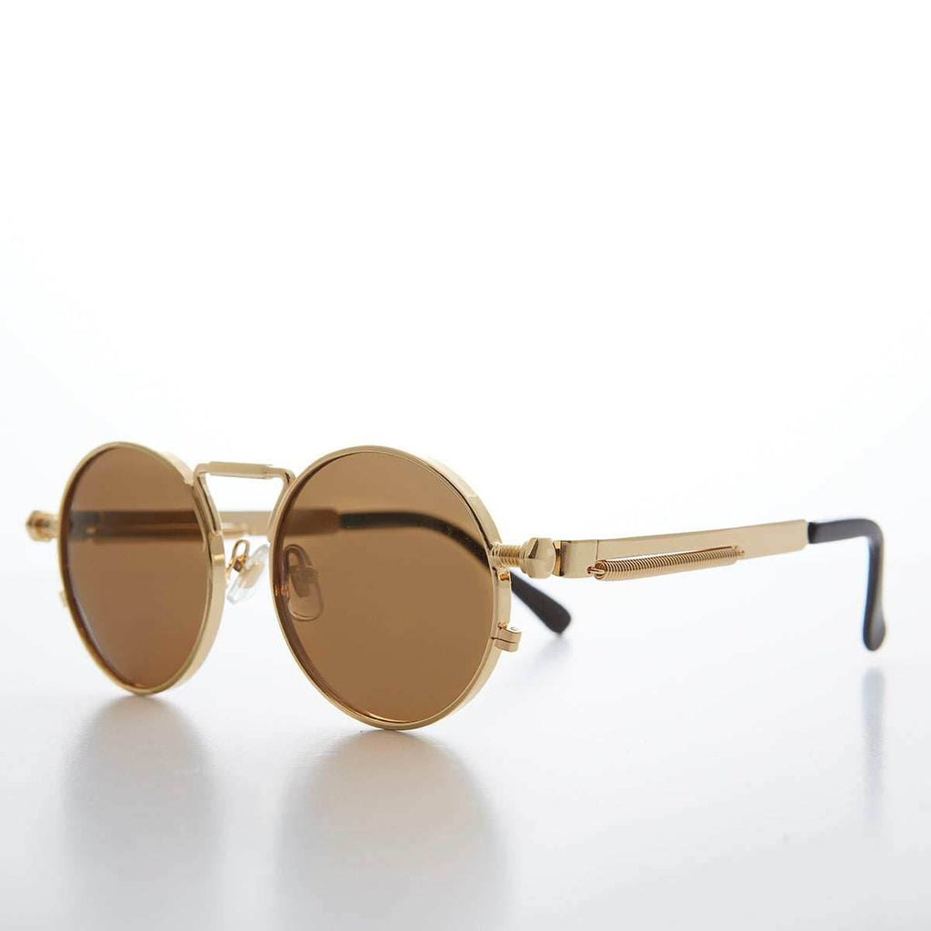 Round Gold Metal Goth Steampunk Sunglass - Ivan 4 - Gold / Brown Lens