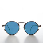 Round Black Metal Goth Steampunk Sunglass - Ivan 2 - Black / Blue Lens