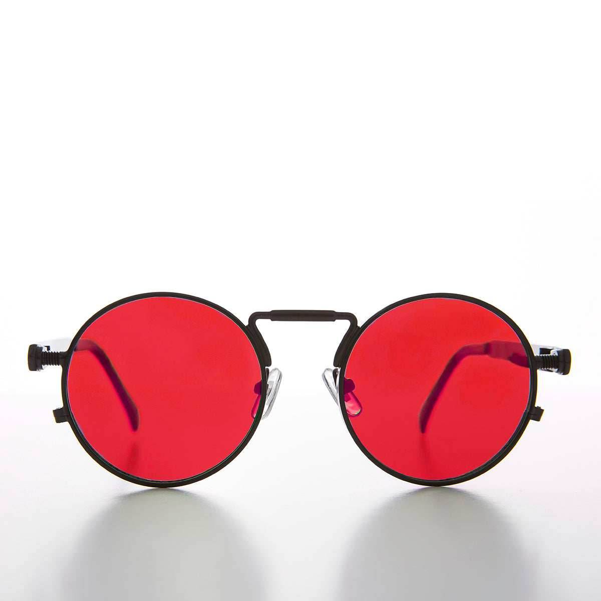 Round Black Metal Goth Steampunk Sunglass - Ivan 2 - Black / Red Lens
