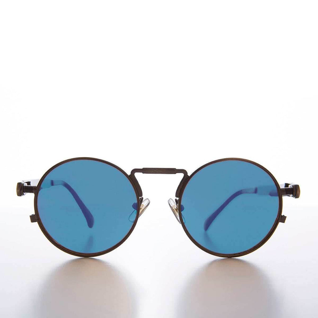Round Bronze Metal Goth Steampunk Sunglass - Ivan 3 - Bronze / Blue Lens