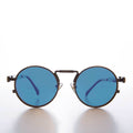 Round Bronze Metal Goth Steampunk Sunglass - Ivan 3 - Bronze / Blue Lens