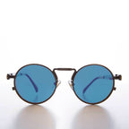 Round Bronze Metal Goth Steampunk Sunglass - Ivan 3 - Bronze / Blue Lens