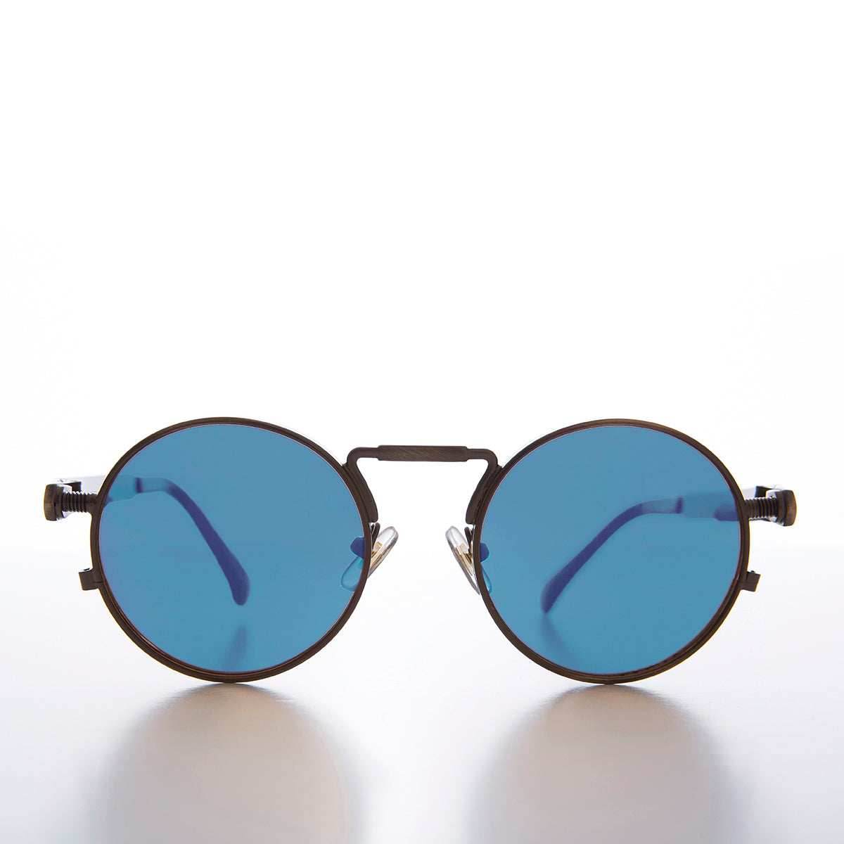 Round Bronze Metal Goth Steampunk Sunglass - Ivan 3 - Bronze / Blue Lens