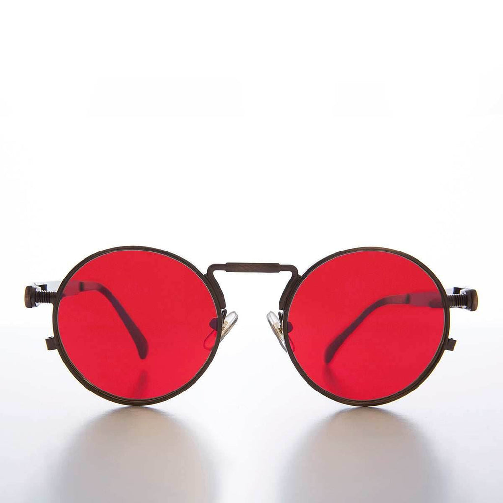 Round Bronze Metal Goth Steampunk Sunglass - Ivan 3 - Bronze / Red Lens