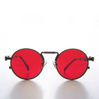 Round Bronze Metal Goth Steampunk Sunglass - Ivan 3 - Bronze / Red Lens