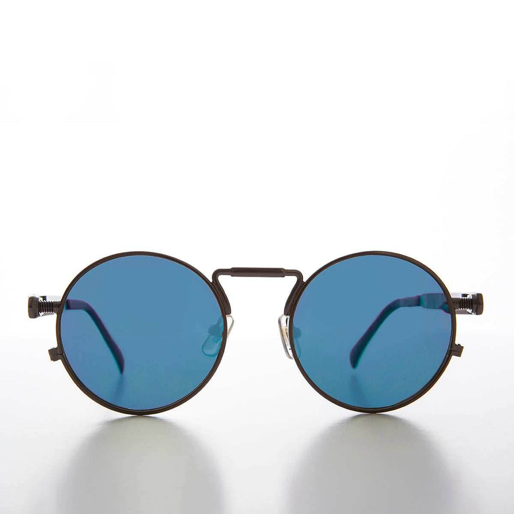 Round Gunmetal Metal Goth Steampunk Sunglass - Ivan 5 - Gunmetal / Blue Lens