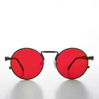 Round Gunmetal Metal Goth Steampunk Sunglass - Ivan 5 - Gunmetal / Red Lens