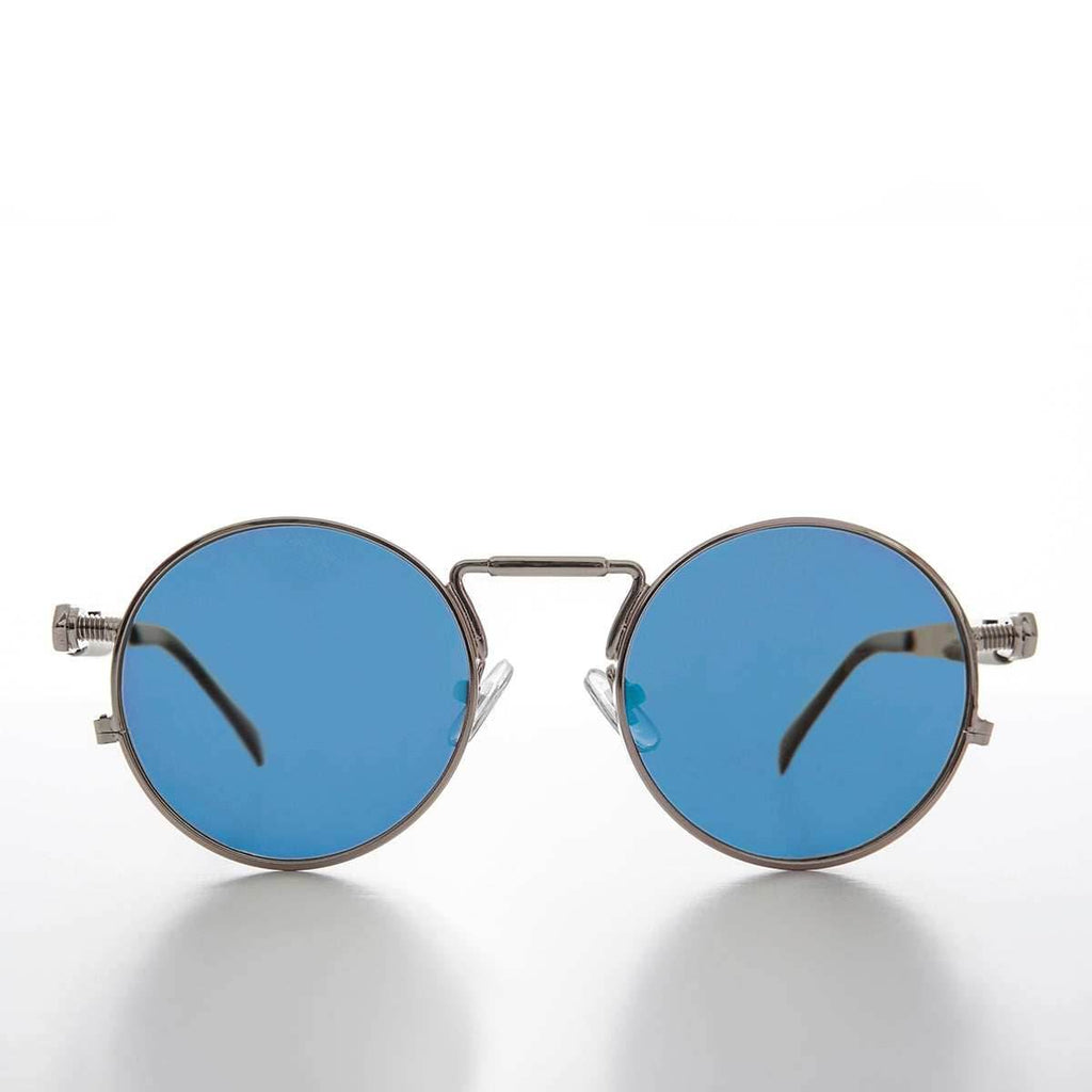 Round Silver Goth Steampunk Sunglass - Ivan 1 - Silver / Blue Lens
