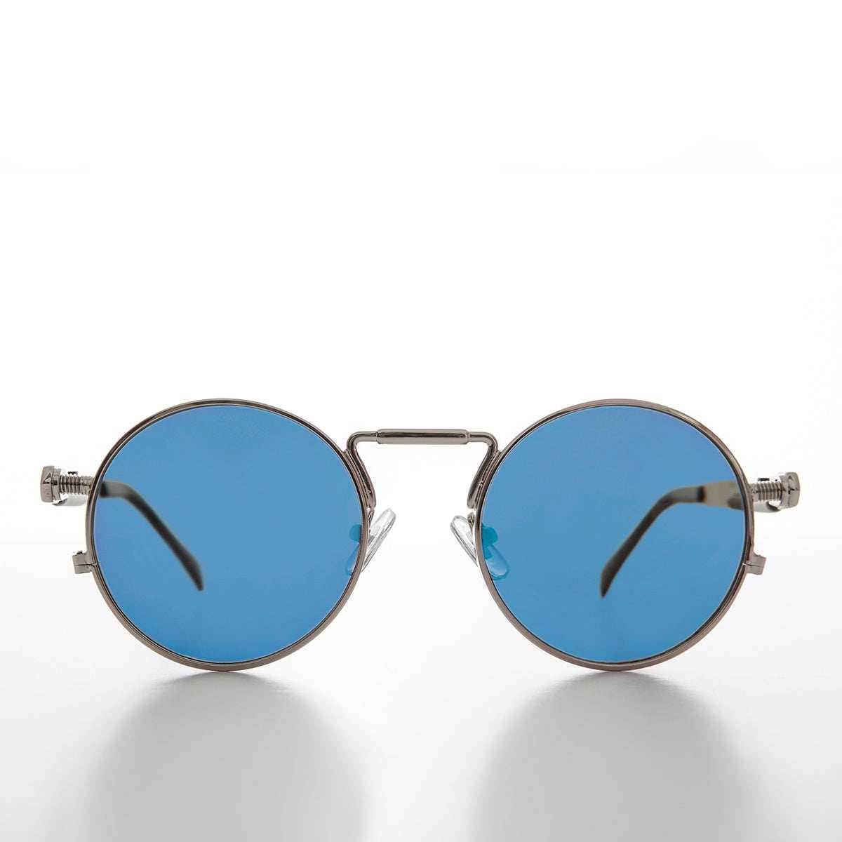 Round Silver Goth Steampunk Sunglass - Ivan 1 - Silver / Blue Lens