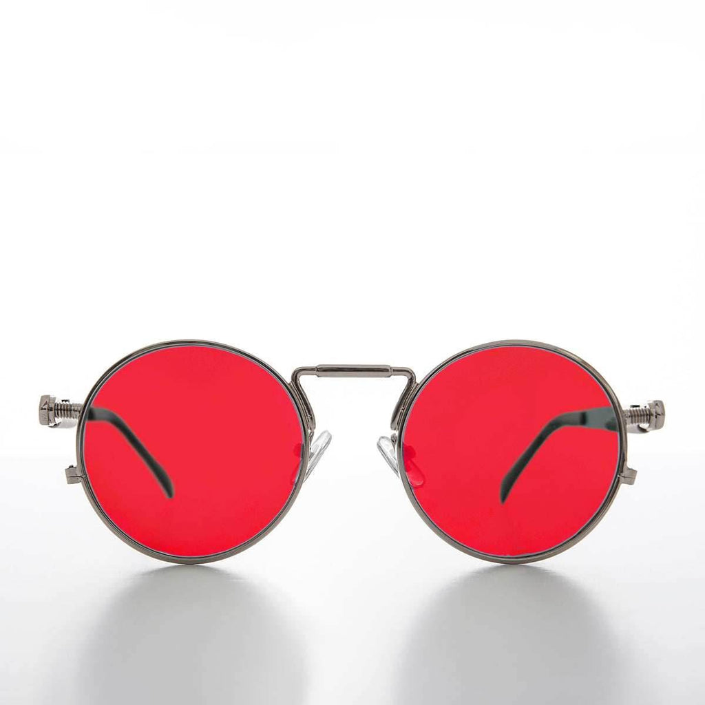 Round Silver Goth Steampunk Sunglass - Ivan 1 - Silver / Red Lens