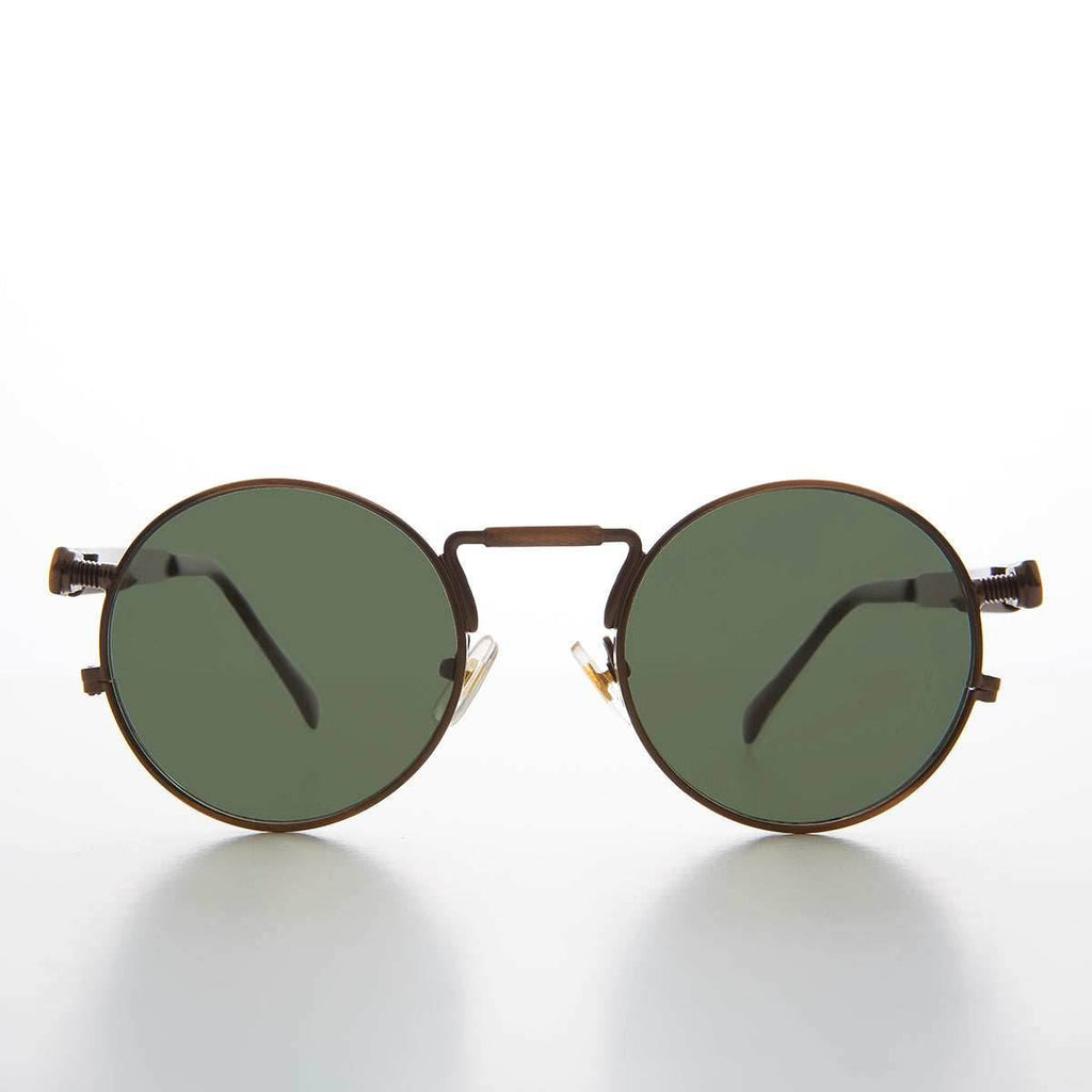 Round Bronze Metal Goth Steampunk Sunglass - Ivan 3 - Bronze/ Green Lens