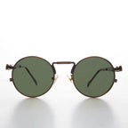 Round Bronze Metal Goth Steampunk Sunglass - Ivan 3 - Bronze/ Green Lens