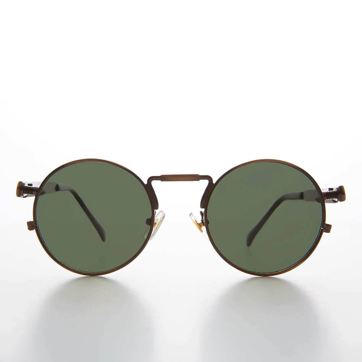 Round Bronze Metal Goth Steampunk Sunglass - Ivan 3 - Bronze/ Green Lens