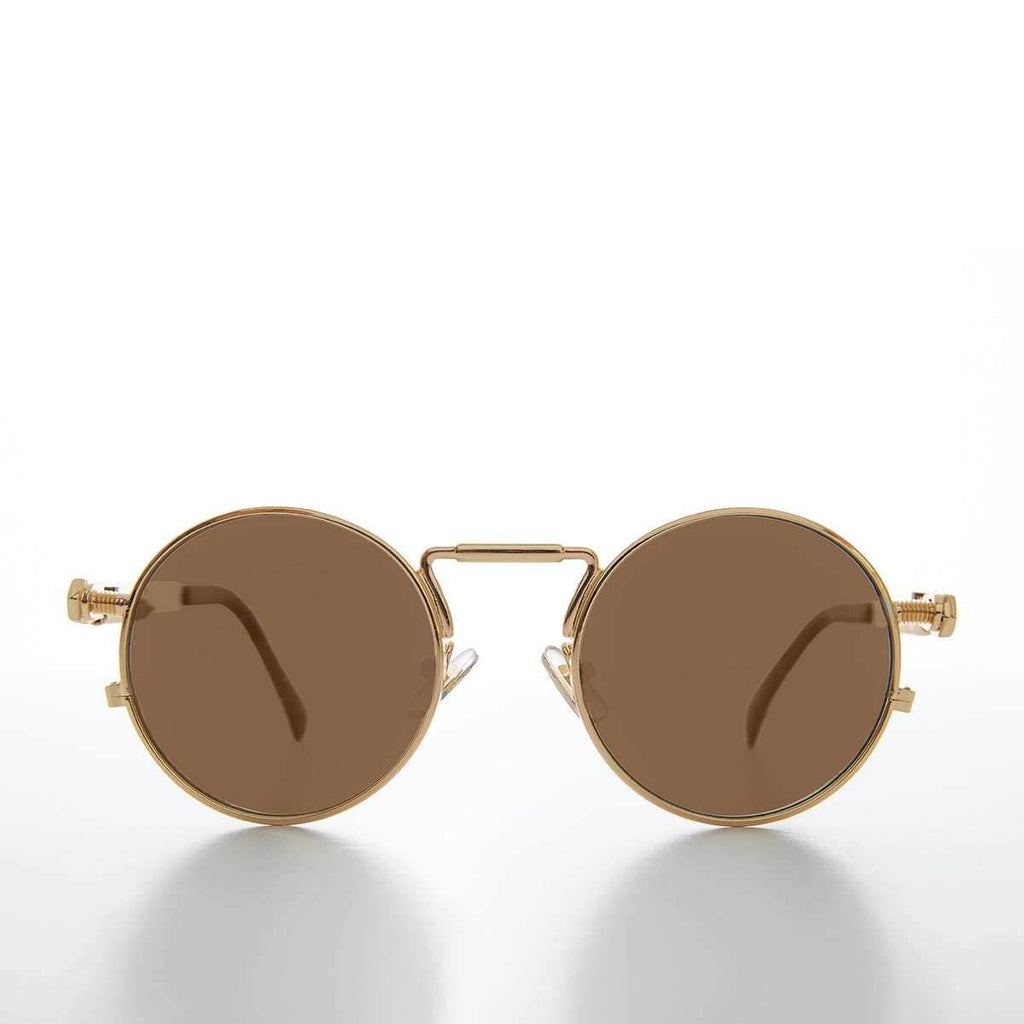 Round Gold Metal Goth Steampunk Sunglass - Ivan 4 - Gold / Brown Lens