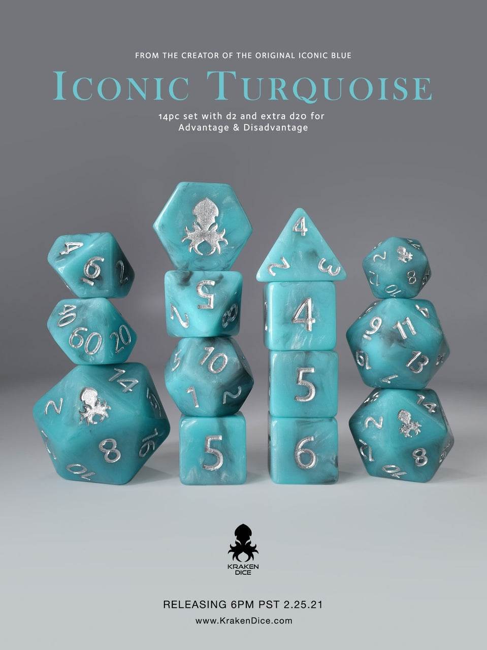 14 pc Iconic Turquoise Polyhedral Dice Set with Silver Ink - 