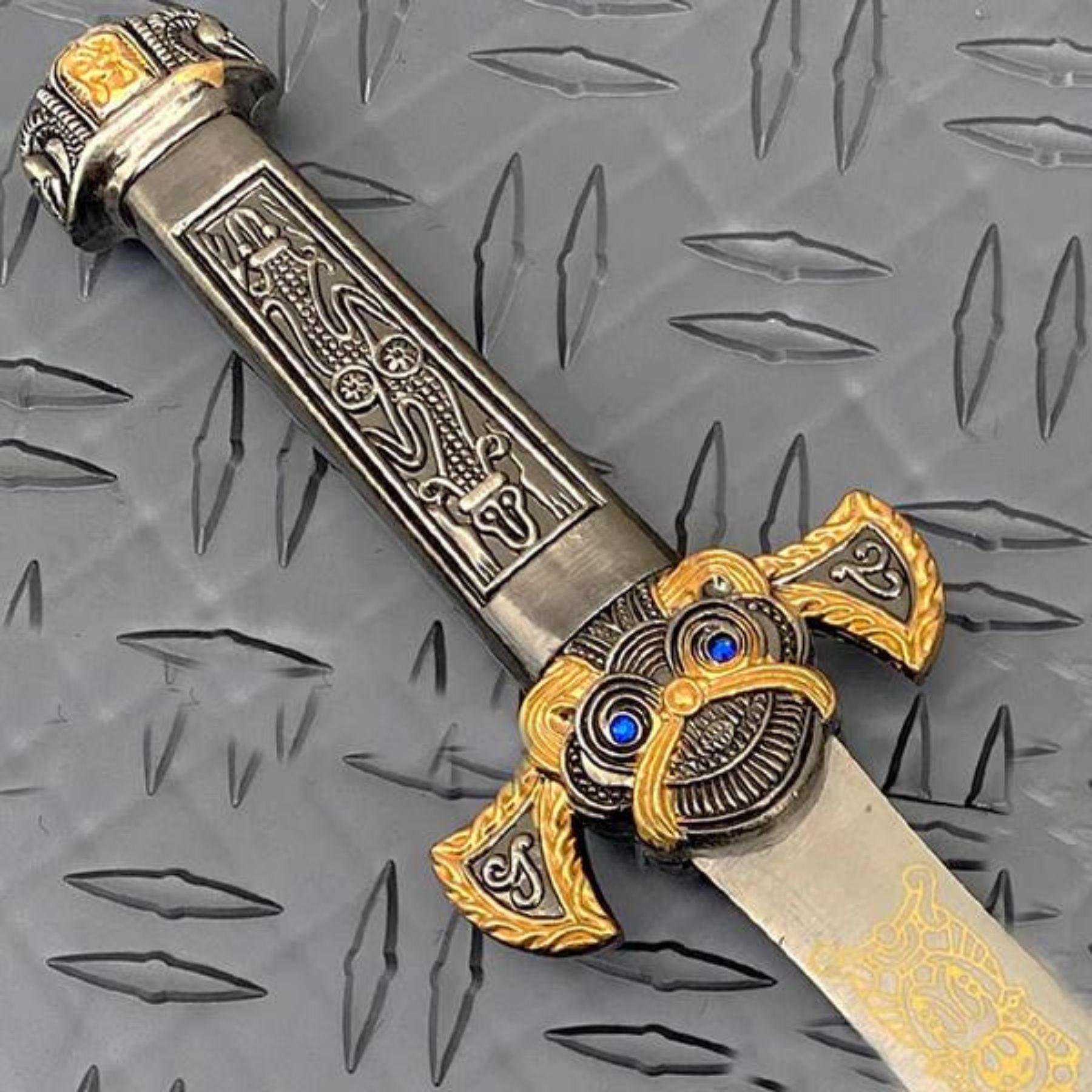 Imperial Elegance Ornate Roman Dagger with Blue Gem Accents-3