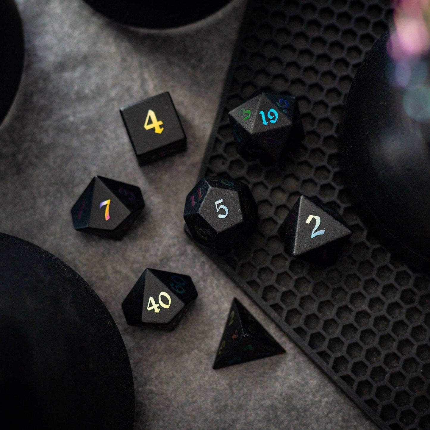 Inked Black Night Raised Obsidian Hand Carved Dice DND Set - Full Set And Free Dice Box