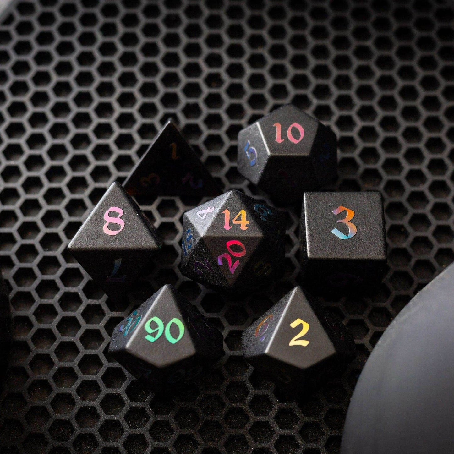 Inked Black Night Raised Obsidian Hand Carved Dice DND Set - Full Set And Free Dice Box