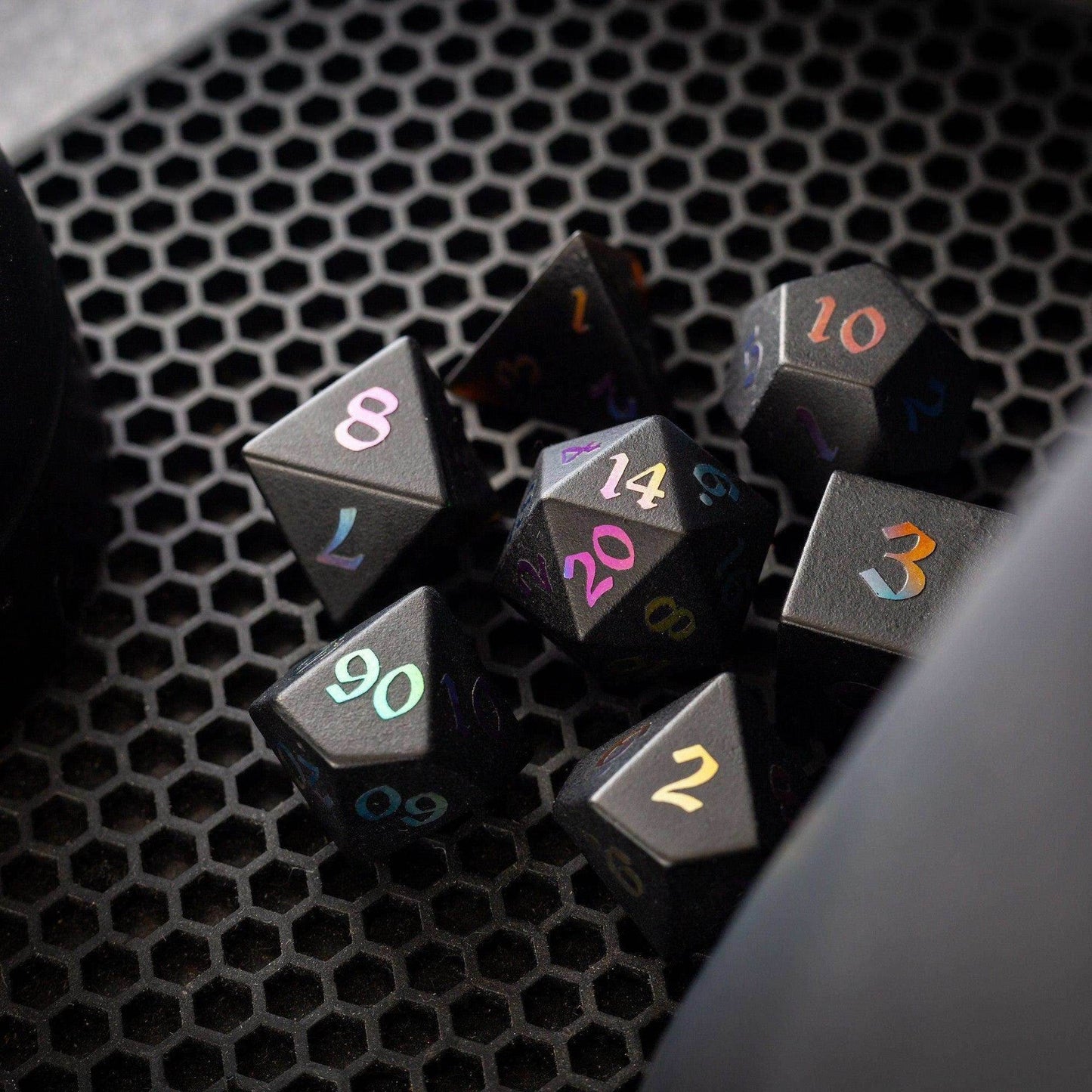 Inked Black Night Raised Obsidian Hand Carved Dice DND Set - Full Set And Free Dice Box