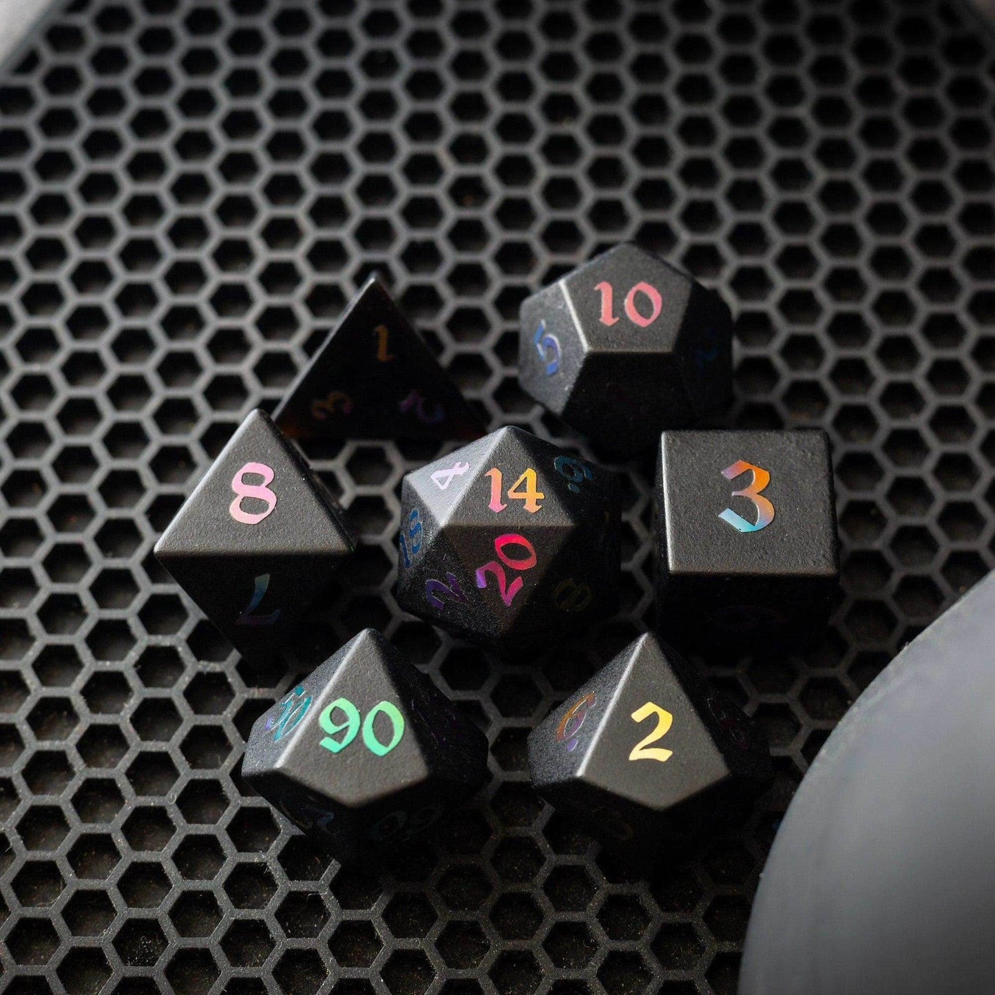 Inked Black Night Raised Obsidian Hand Carved Dice DND Set - Full Set And Free Dice Box