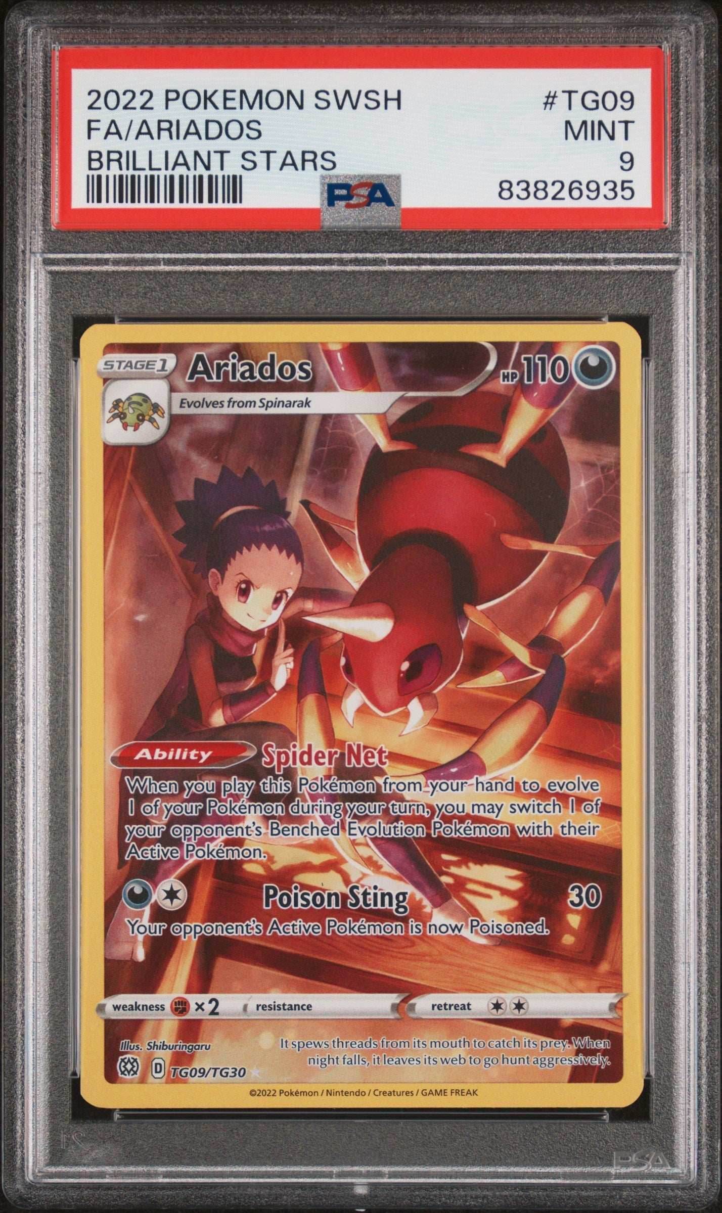 2022 POKEMON SWORD & SHIELD BRILLIANT STARS Full Art ARIADOS #TG09 PSA 9 - 
