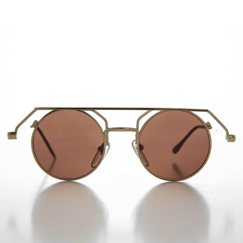 90s Round Steampunk Goth Vintage Sunglass - Joker - Gold / Brown Lens