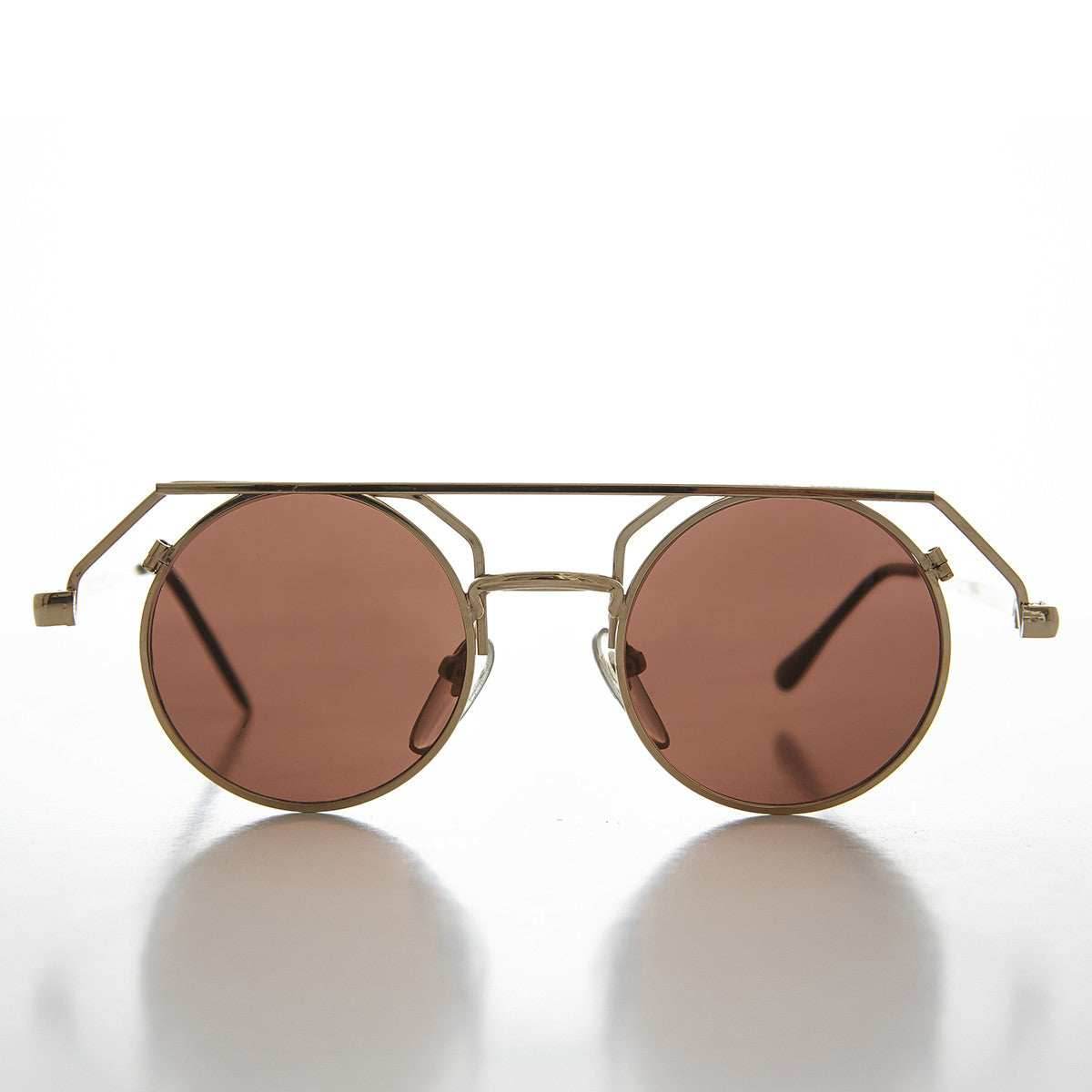 90s Round Steampunk Goth Vintage Sunglass - Joker - Gold / Brown Lens